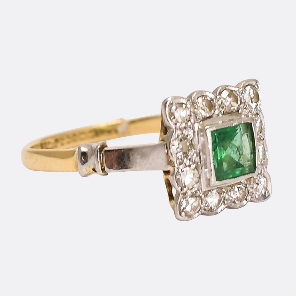 Art Deco Emerald & Diamond Square Cluster Ring