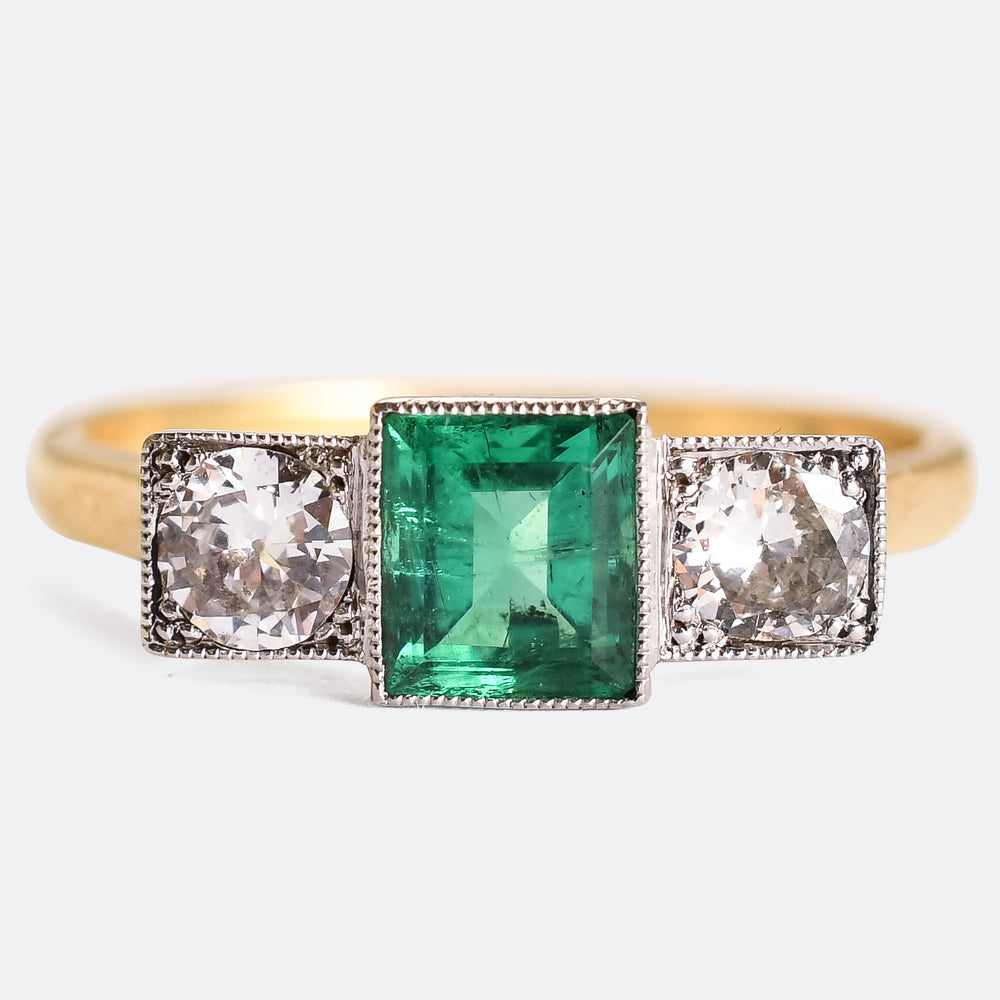 Art Deco Emerald & Diamond Three-Stone Ring