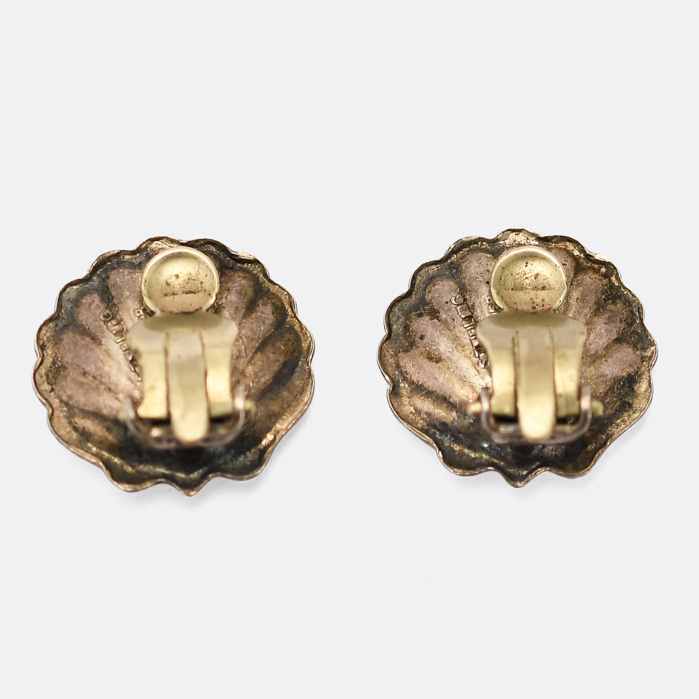 Art Deco Enamel & Pearl Scallop Shell Earrings