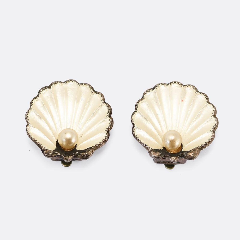 Art Deco Enamel & Pearl Scallop Shell Earrings