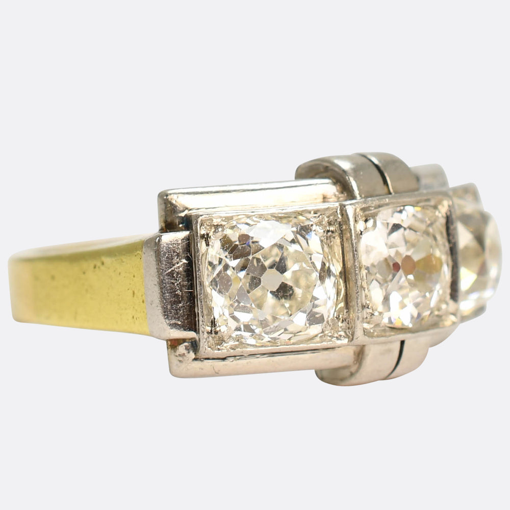 Art Deco French 3.25ct Diamond Three-Stone Ring