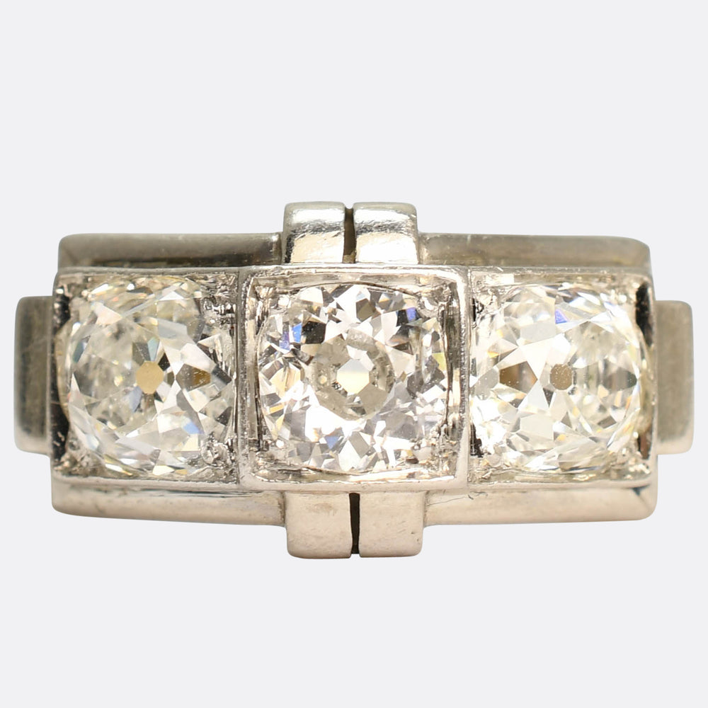 Art Deco French 3.25ct Diamond Three-Stone Ring