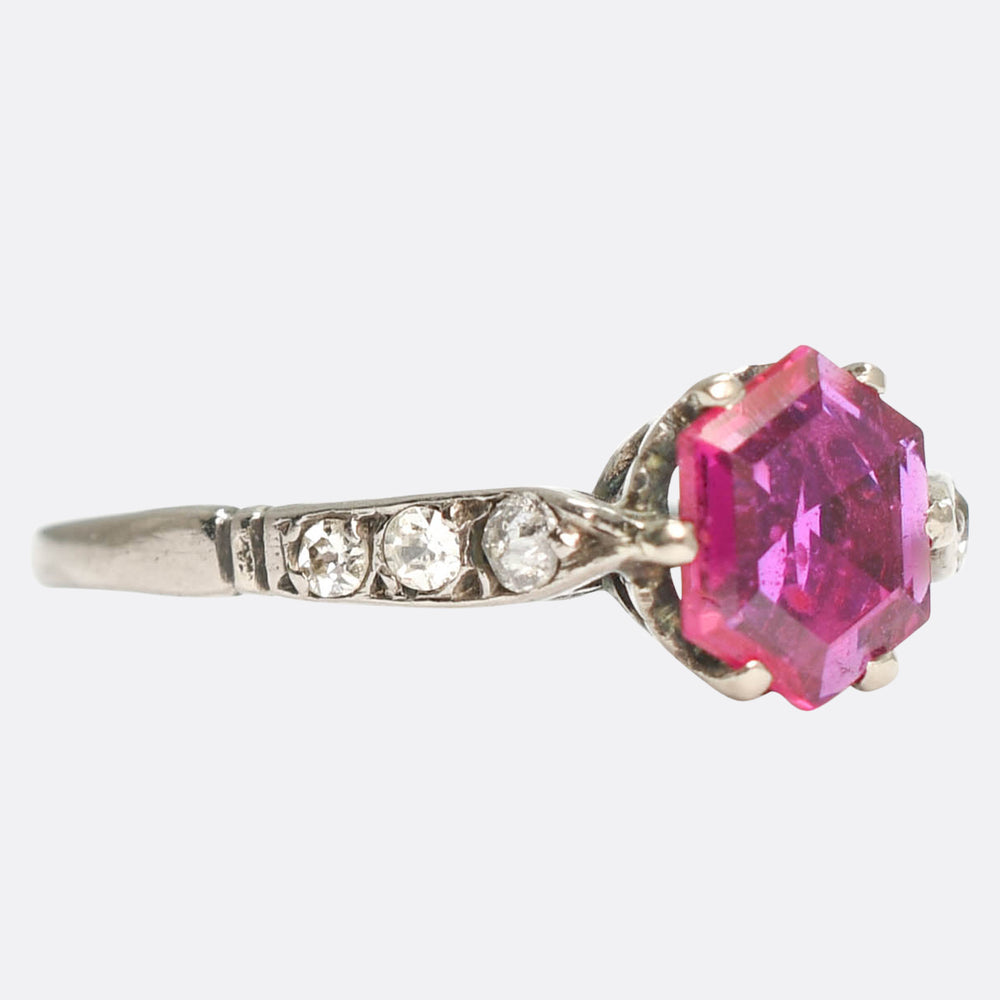 Art Deco Hexagonal Burma Ruby & Diamond Solitaire Ring