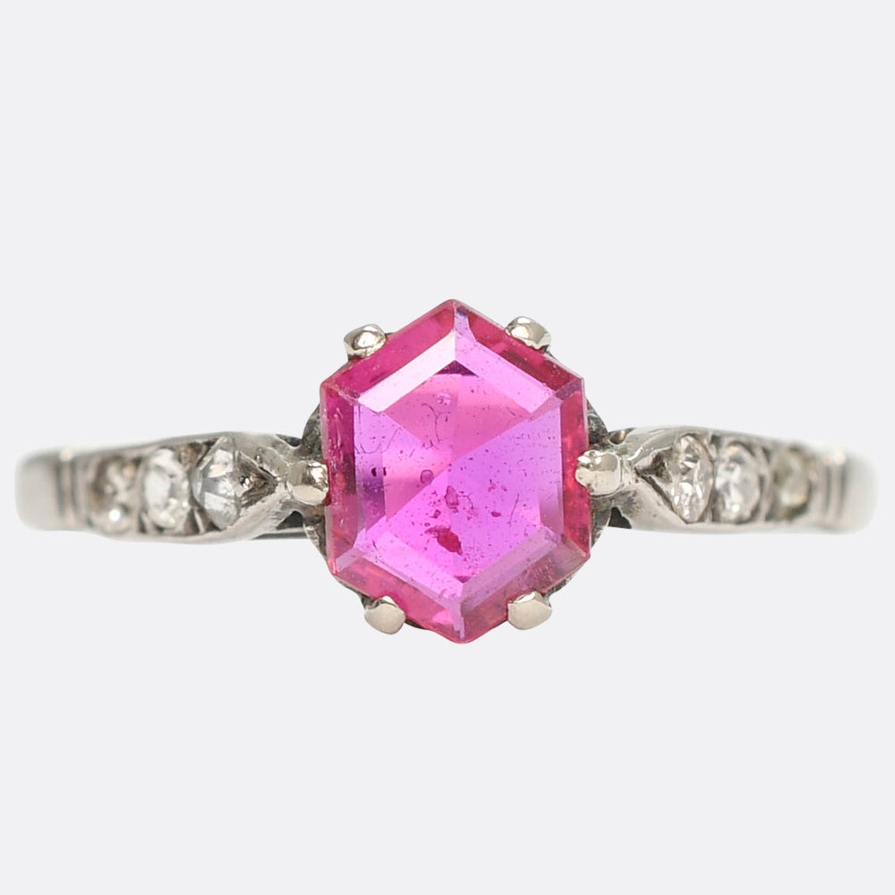 Art Deco Hexagonal Burma Ruby & Diamond Solitaire Ring