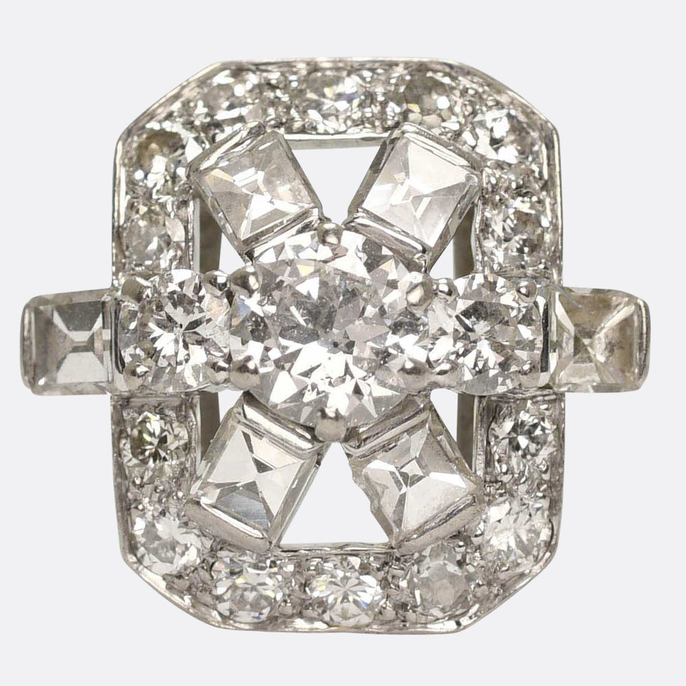 Art Deco Mixed-Cut Diamond Openwork Panel Ring