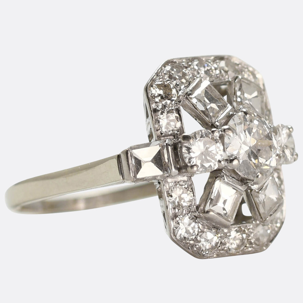 Art Deco Mixed-Cut Diamond Openwork Panel Ring