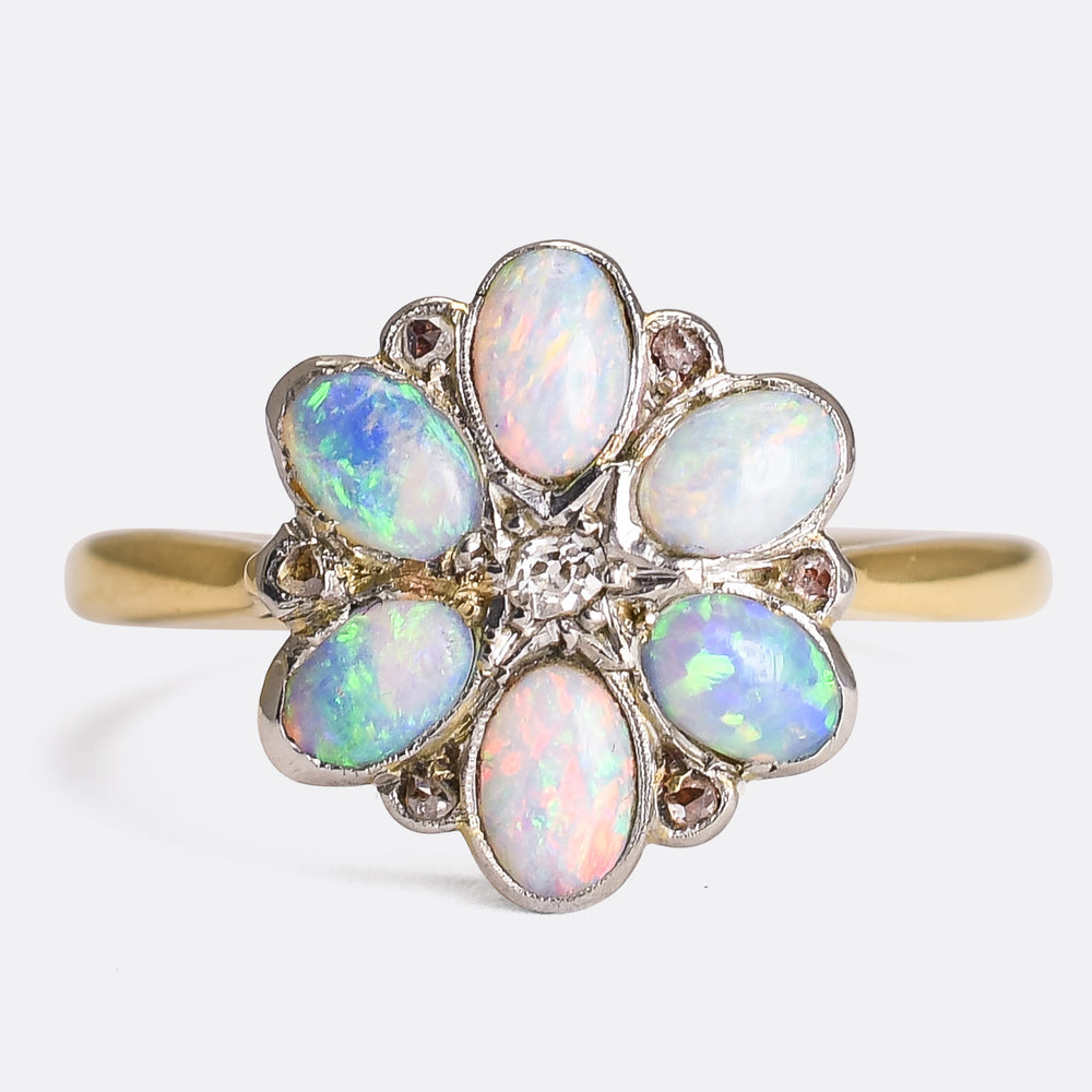 Art Deco Opal & Diamond Flower Cluster Ring