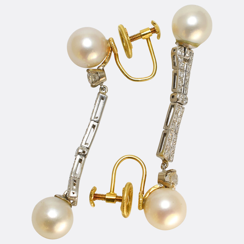 Art Deco Pearl & Diamond Drop Earrings
