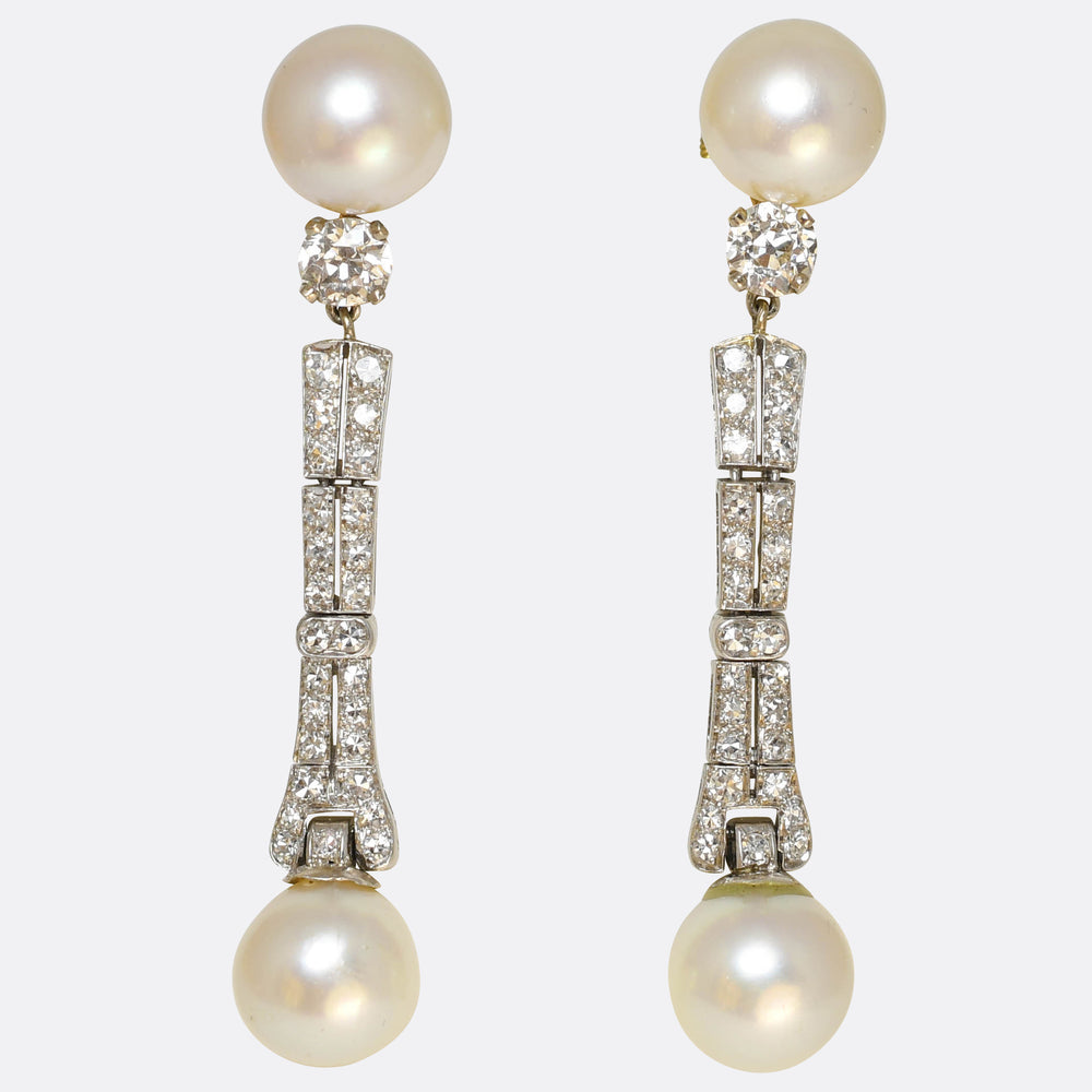 Art Deco Pearl & Diamond Drop Earrings