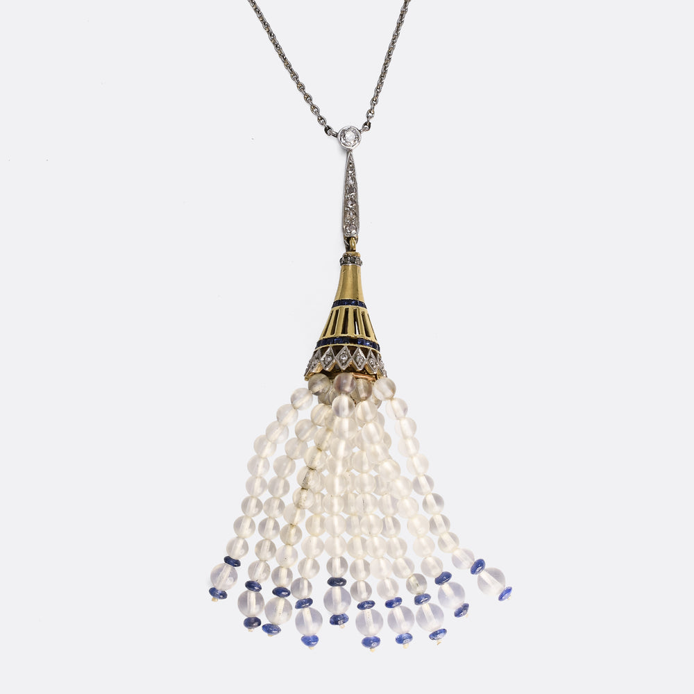 Art Deco Rock Crystal & Sapphire Bead Sautoir Necklace