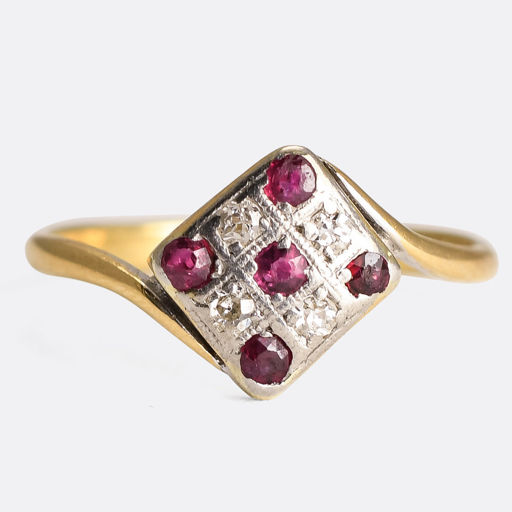 Art Deco Ruby & Diamond Square Cluster Crossover Ring