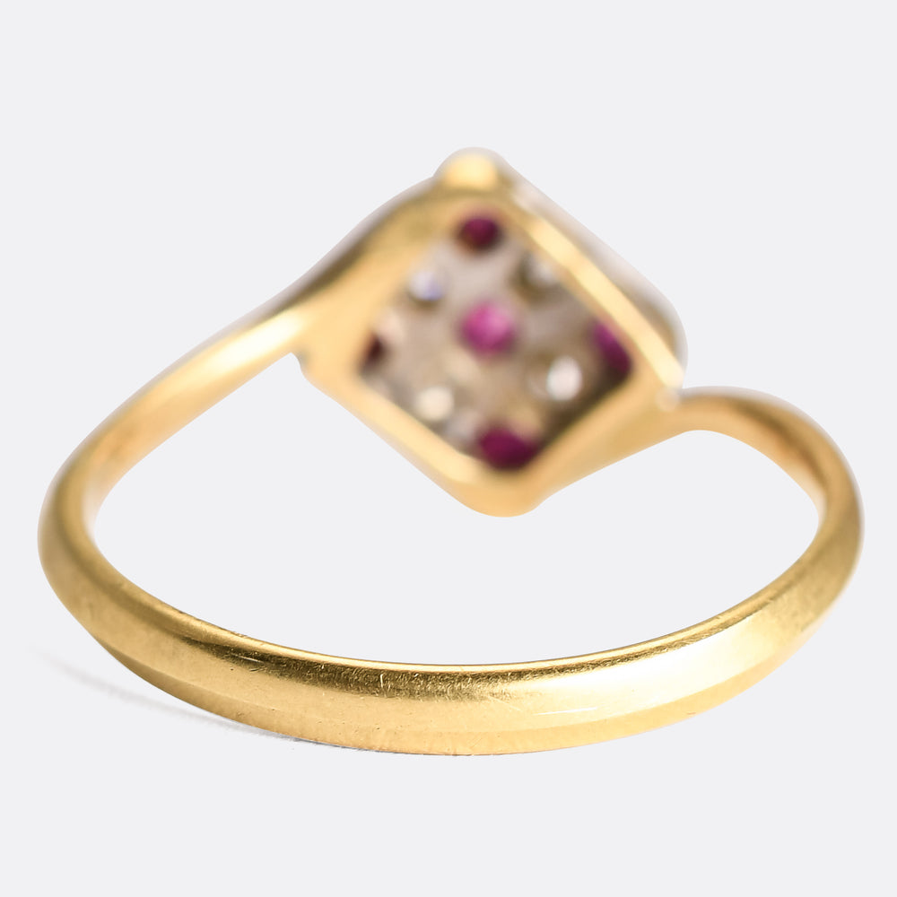 Art Deco Ruby & Diamond Square Cluster Crossover Ring