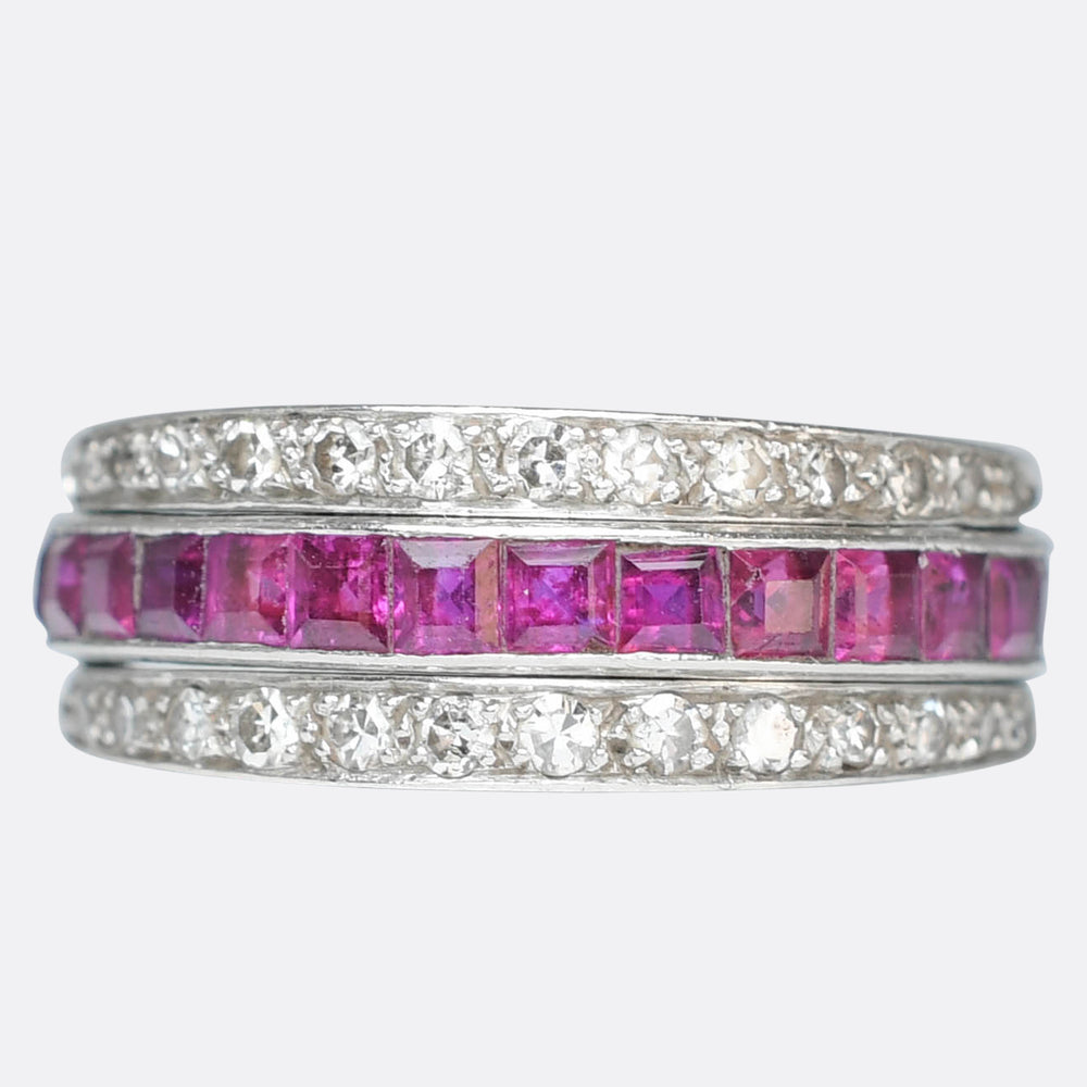 Art Deco Ruby, Emerald & Diamond Day & Night Eternity Ring