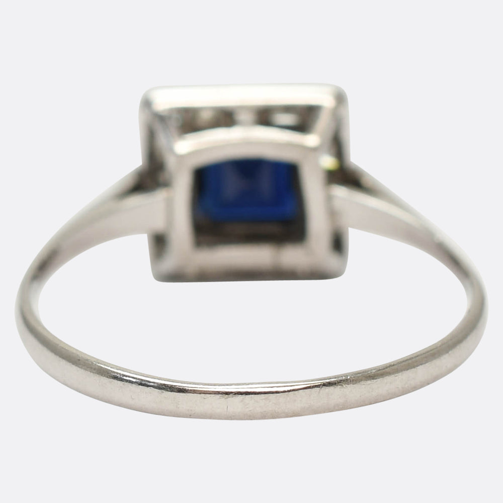 Art Deco Sapphire & Asscher Cut Diamond Square Cluster Ring