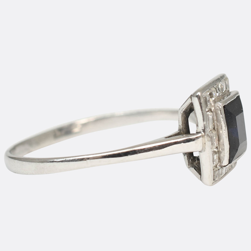 Art Deco Sapphire & Asscher Cut Diamond Square Cluster Ring