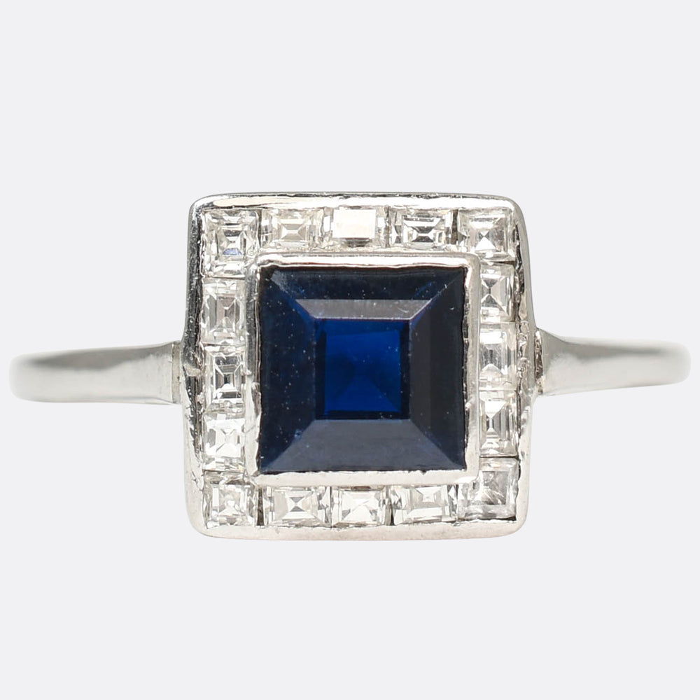 Art Deco Sapphire & Asscher Cut Diamond Square Cluster Ring