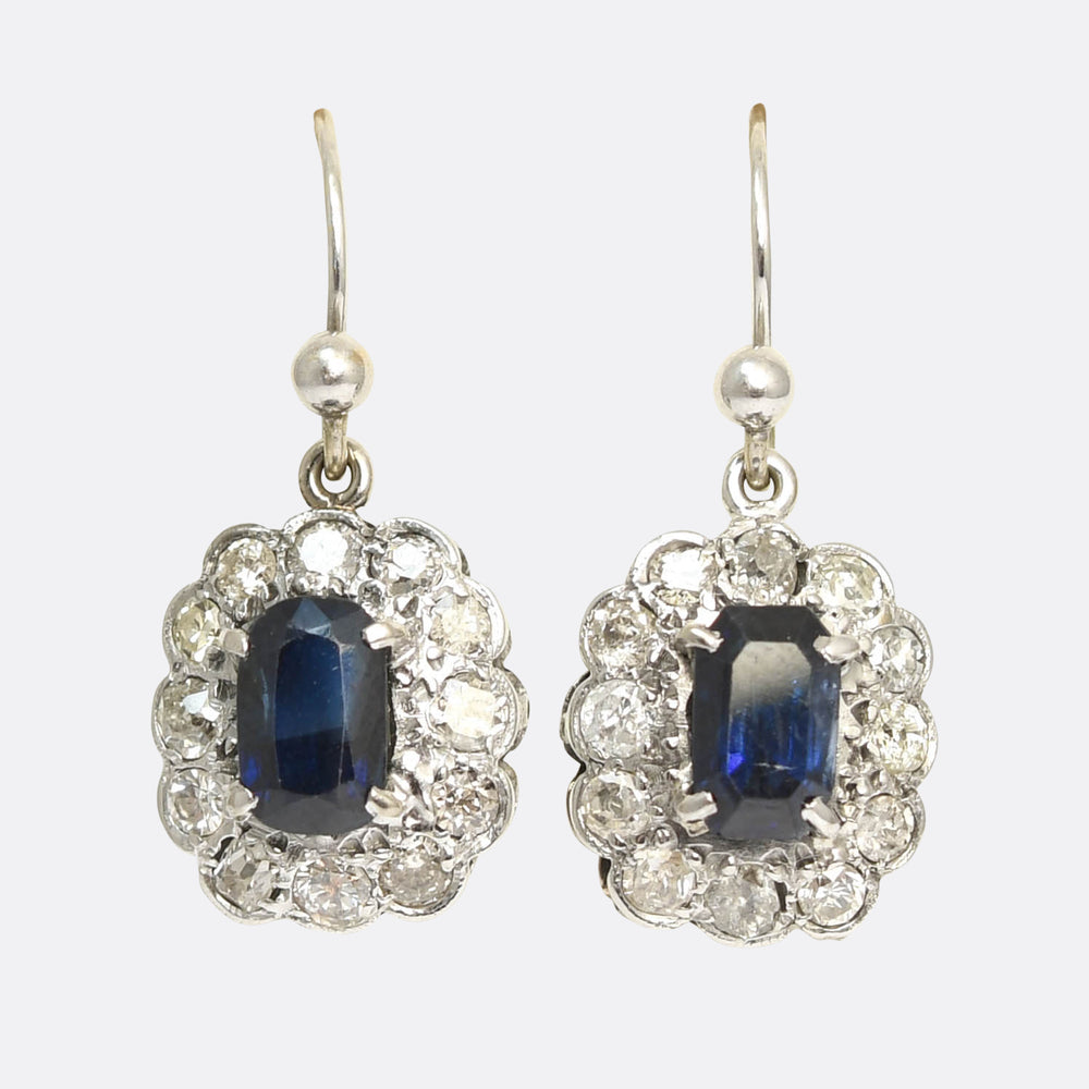 Art Deco Sapphire & Diamond Flower Cluster Drop Earrings