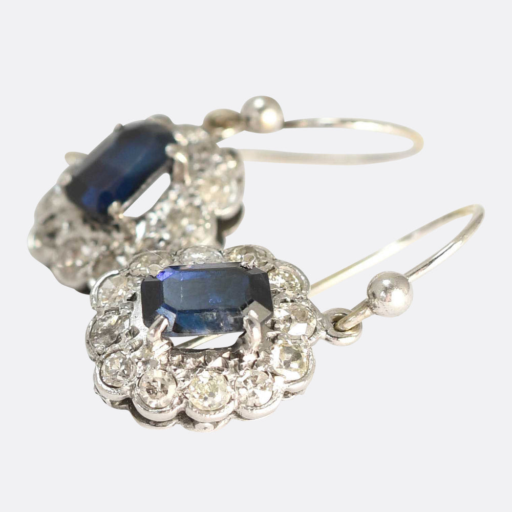Art Deco Sapphire & Diamond Flower Cluster Drop Earrings