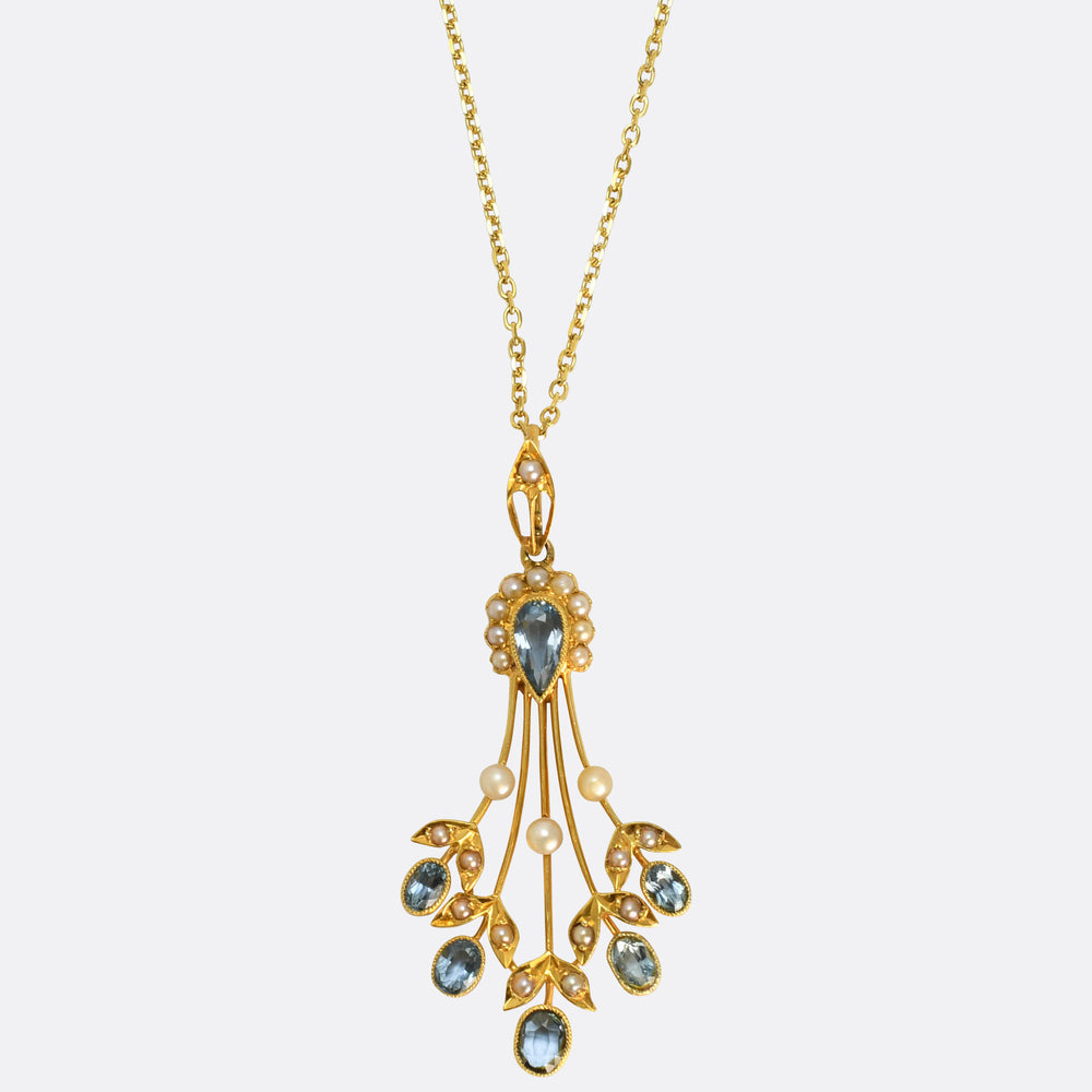 Art Nouveau Aquamarine & Pearl Spray Pendant