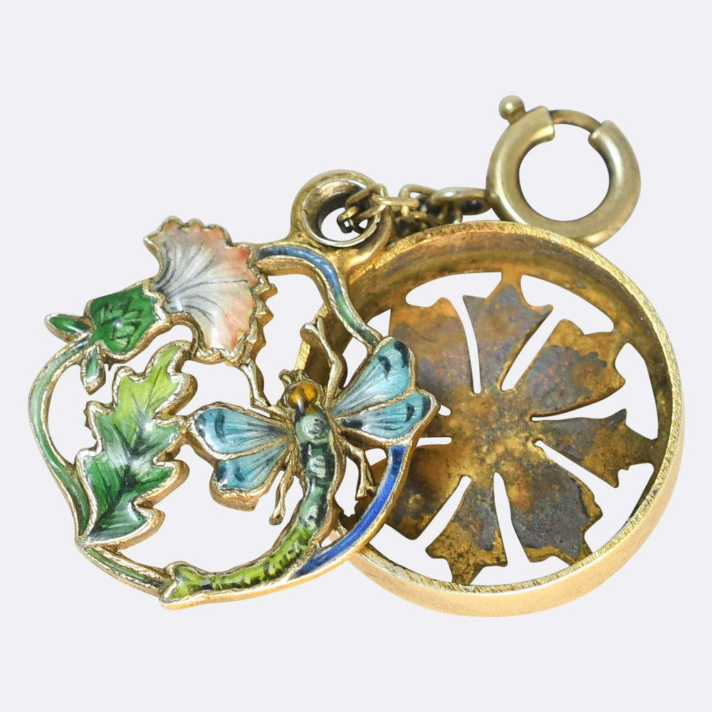 Art Nouveau Dragonfly Flower Enamel Vinaigrette Pendant