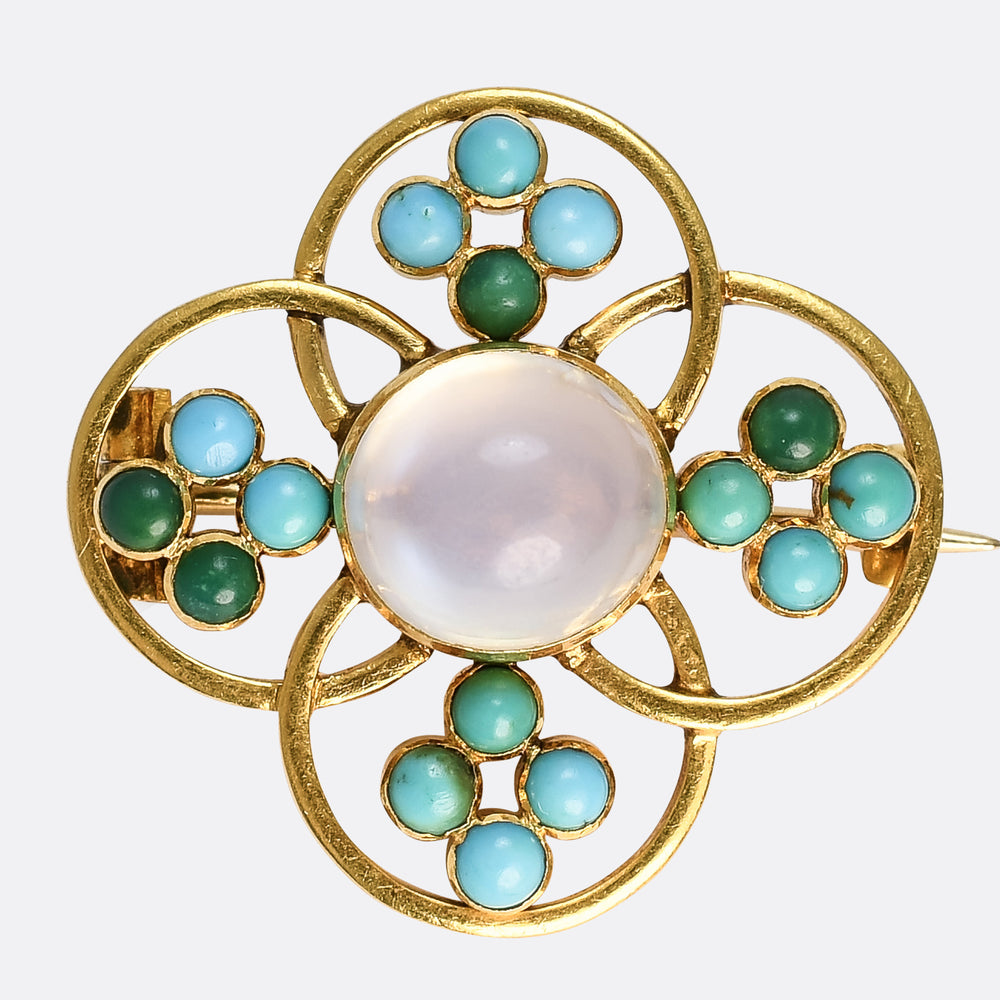 Art Nouveau Mrs. Newman Moonstone & Turquoise Brooch