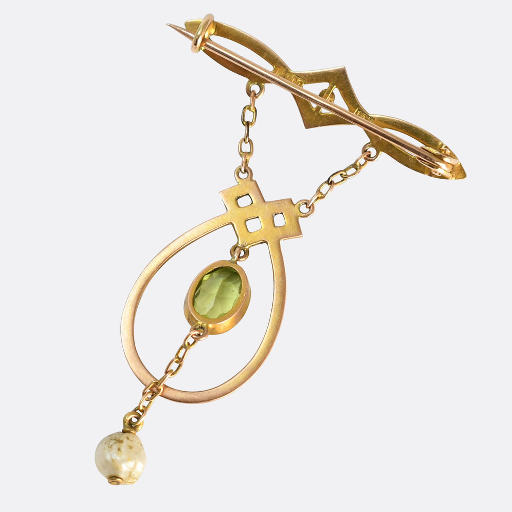 Art Nouveau Peridot, Pearl & Enamel Brooch by Liberty & Co