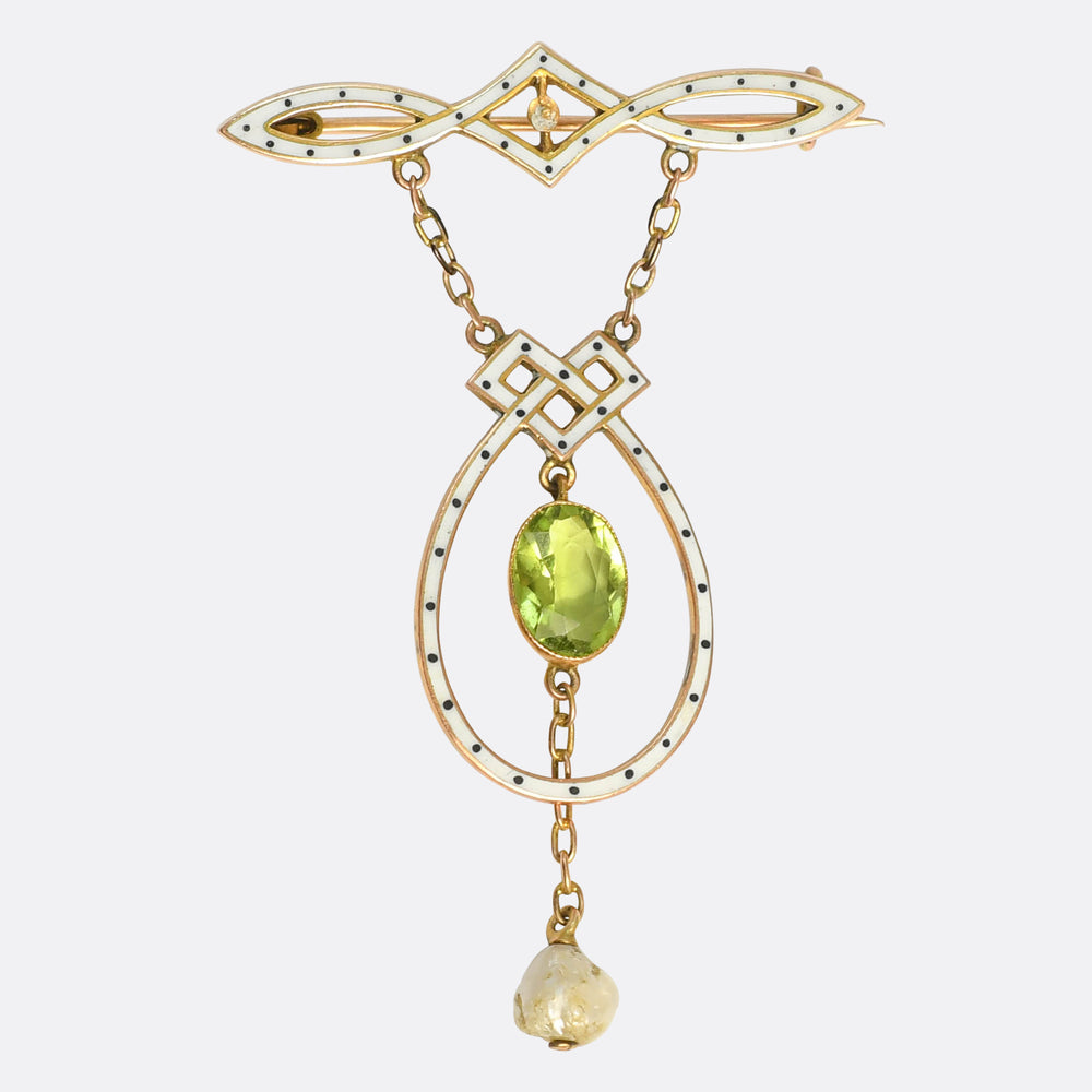 Art Nouveau Peridot, Pearl & Enamel Brooch by Liberty & Co