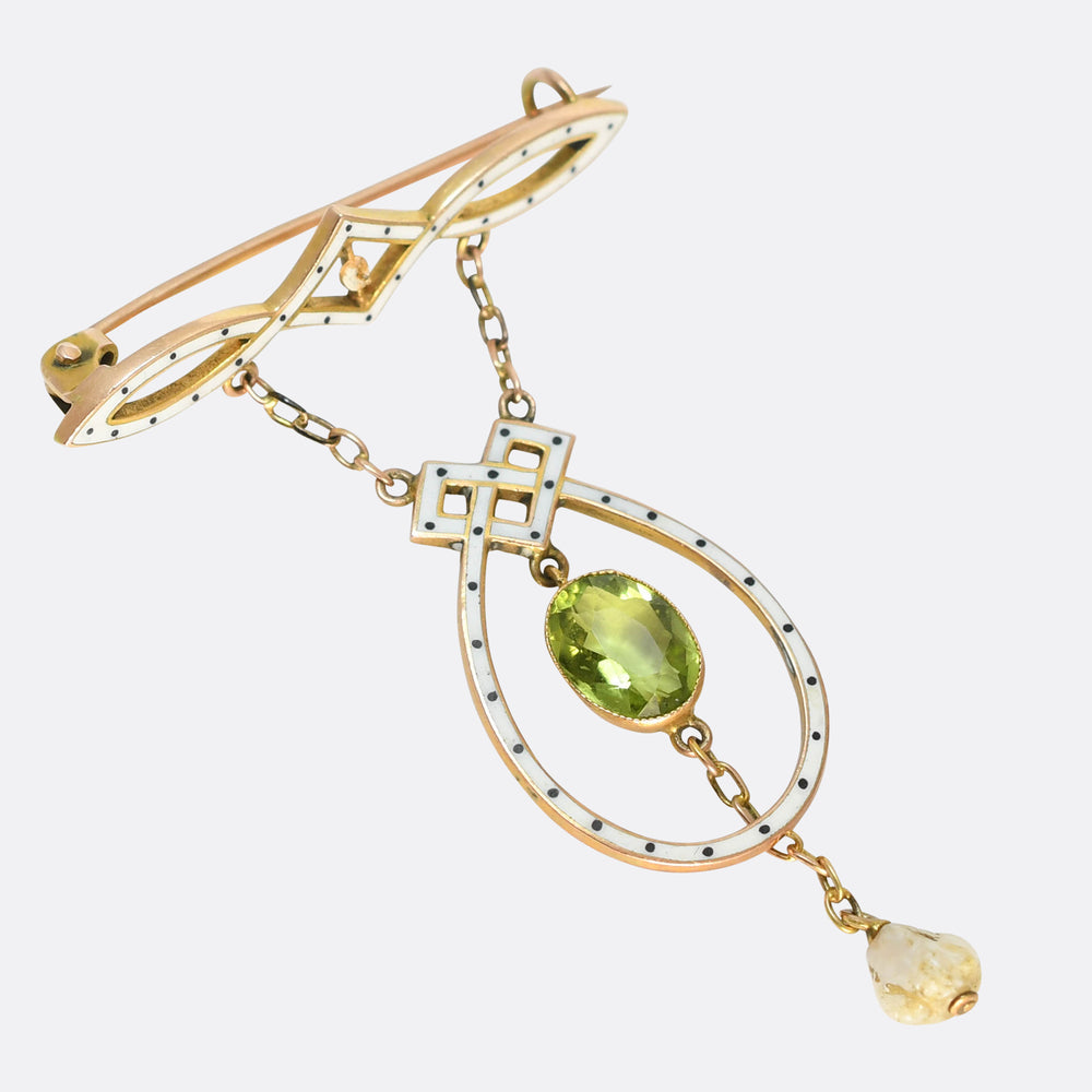 Art Nouveau Peridot, Pearl & Enamel Brooch by Liberty & Co
