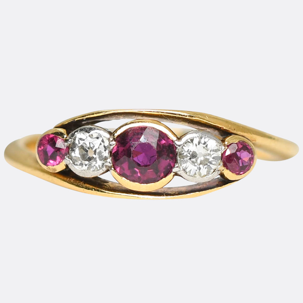 Art Nouveau Ruby & Diamond 5-Stone Crossover Ring