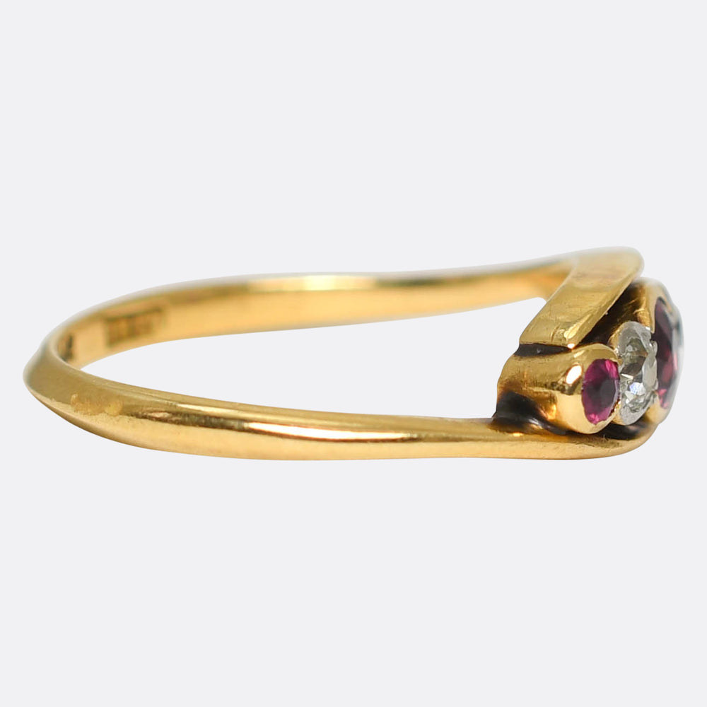 Art Nouveau Ruby & Diamond 5-Stone Crossover Ring