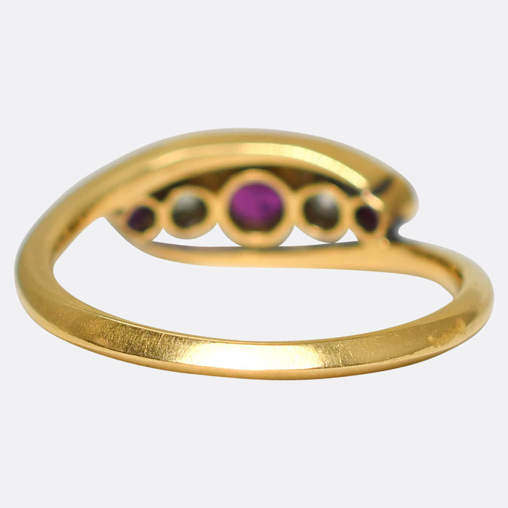 Art Nouveau Ruby & Diamond 5-Stone Crossover Ring