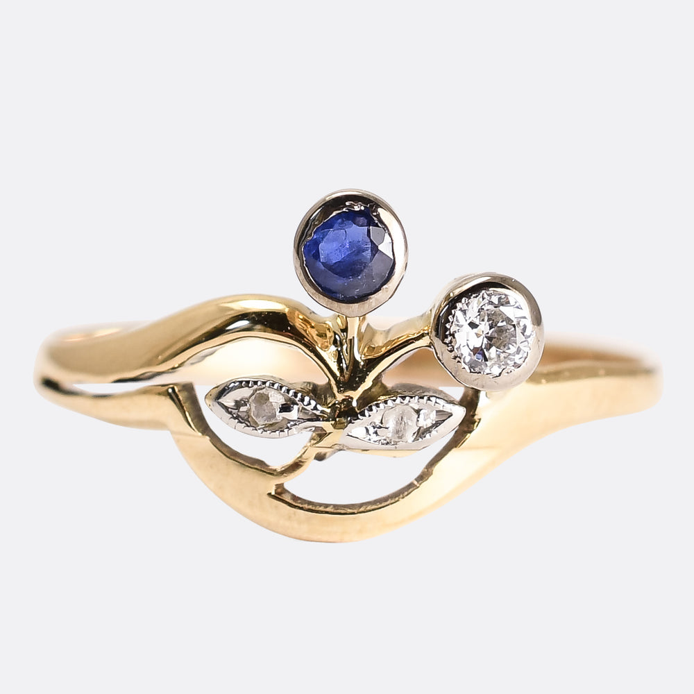 Art Nouveau Sapphire & Diamond Flower Ring