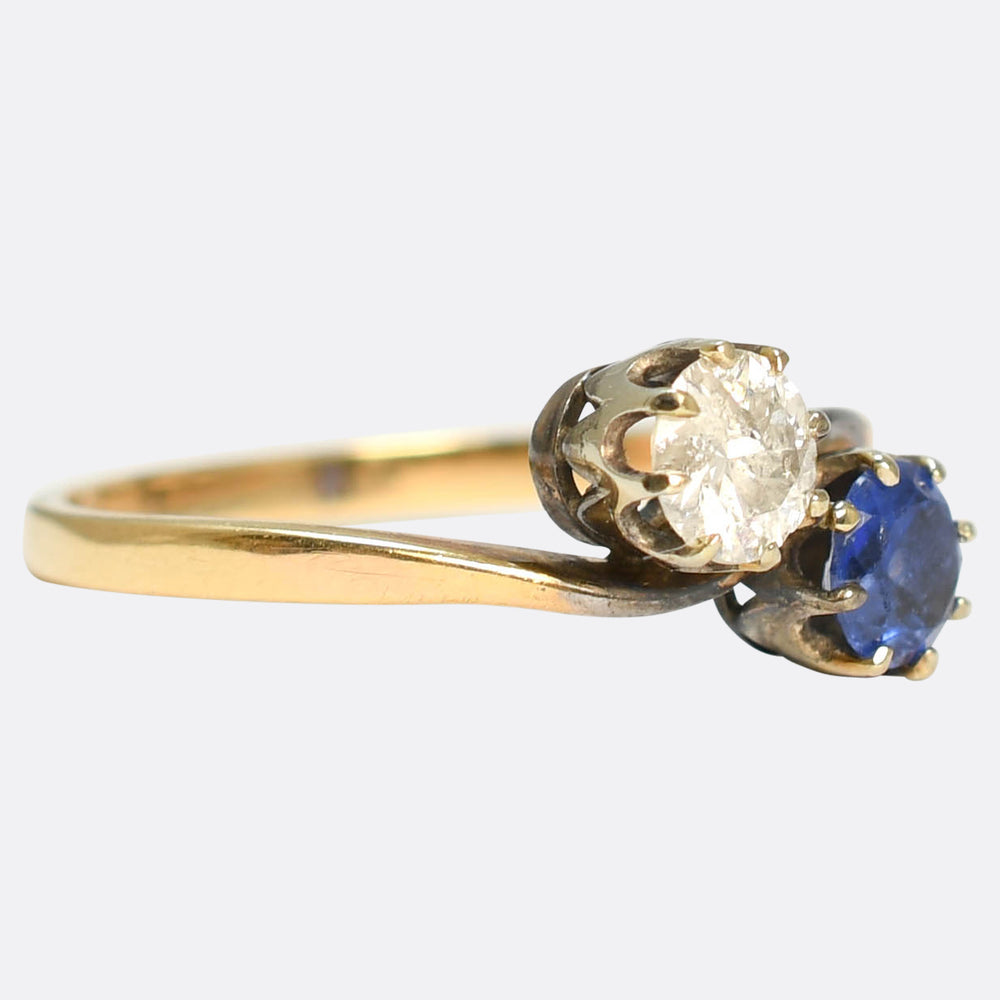 Art Nouveau Sapphire & Diamond Toi et Moi Crossover Ring