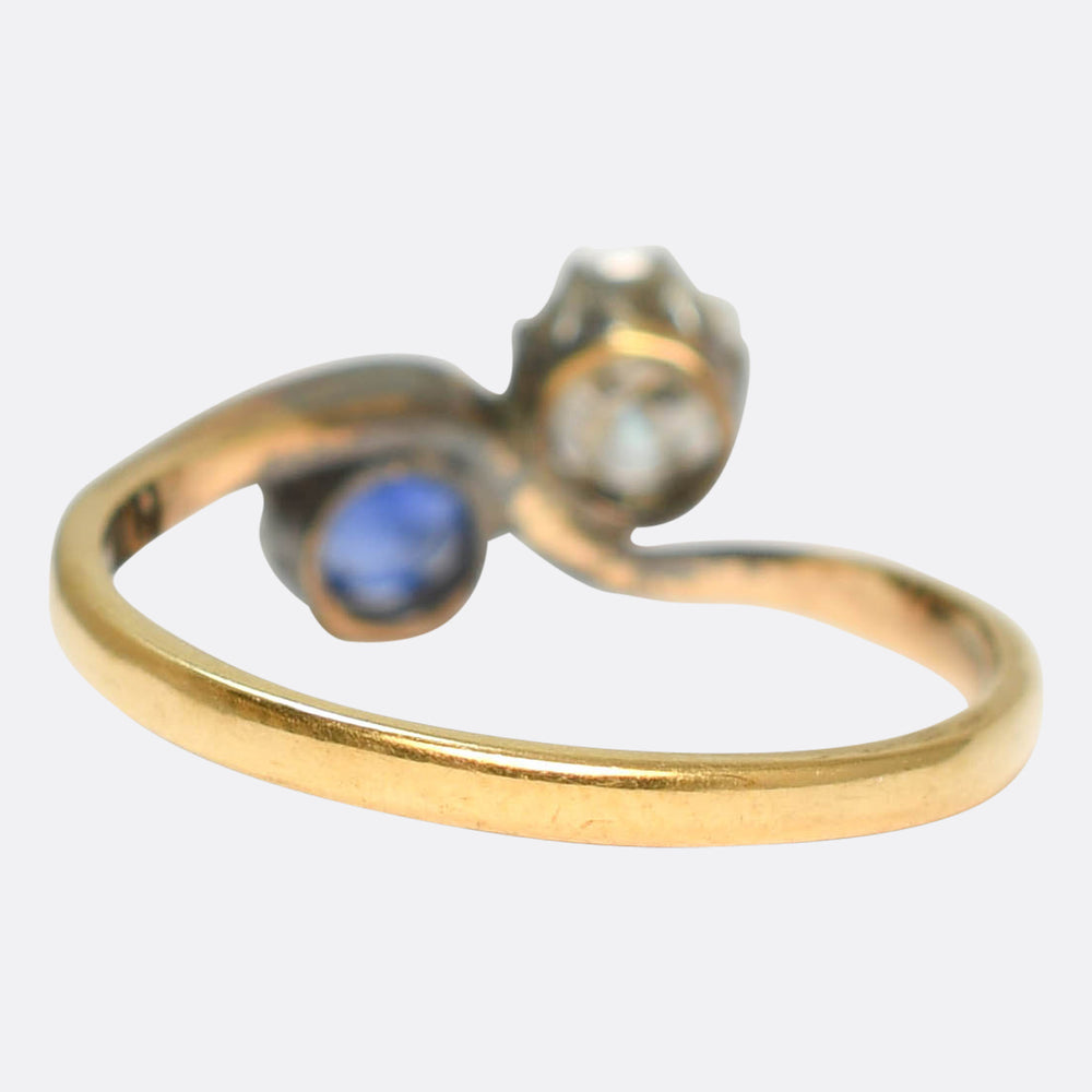 Art Nouveau Sapphire & Diamond Toi et Moi Crossover Ring