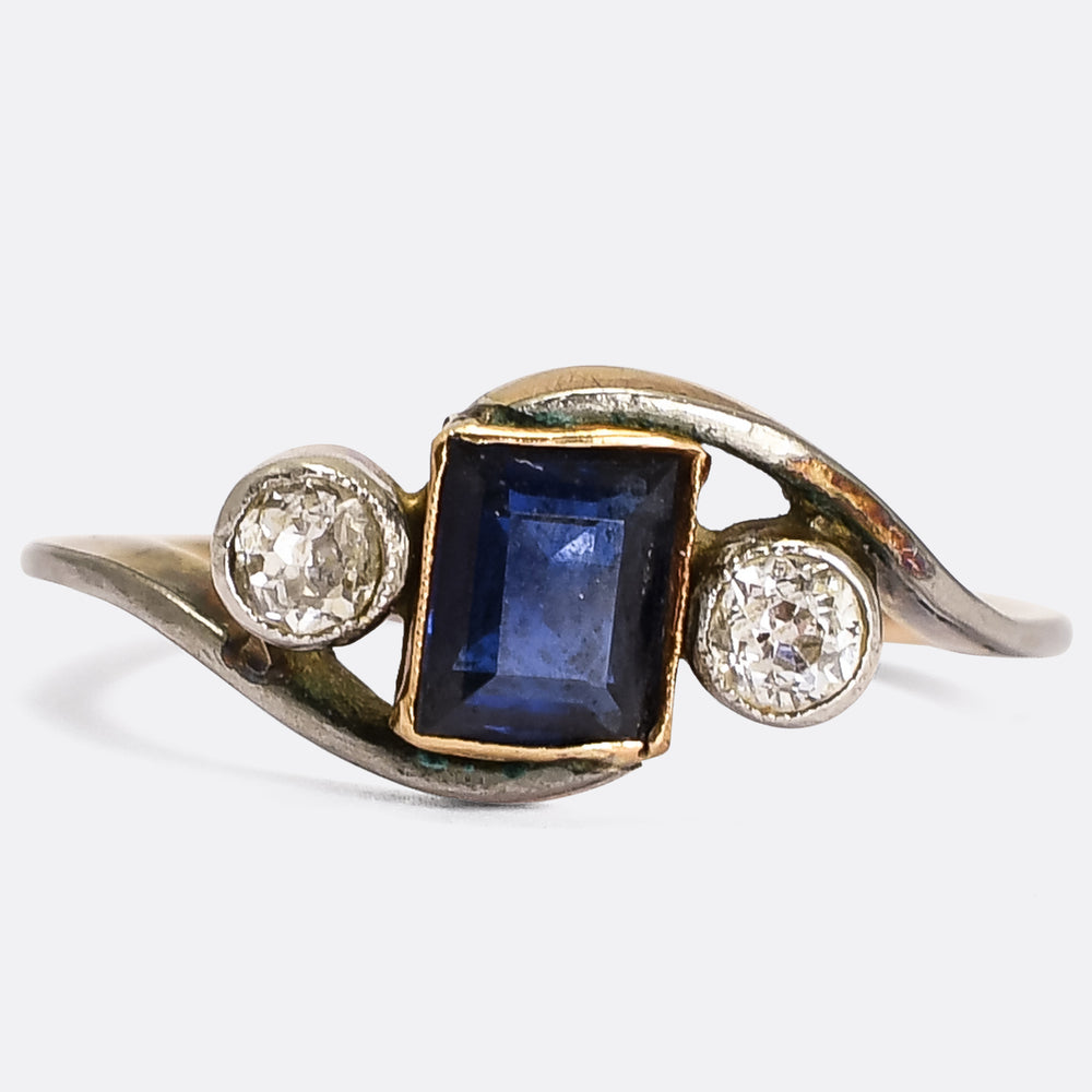 Art Nouveau Three-Stone Sapphire & Diamond Crossover Ring