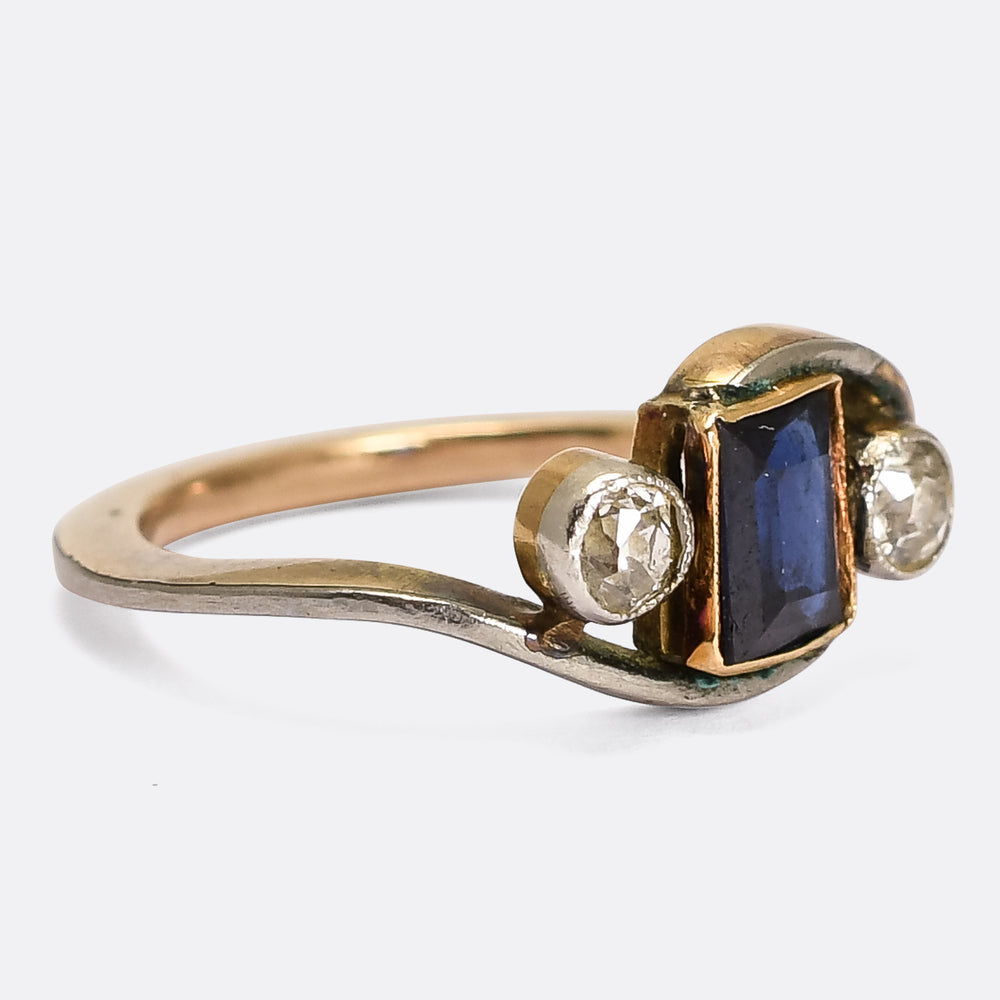Art Nouveau Three-Stone Sapphire & Diamond Crossover Ring