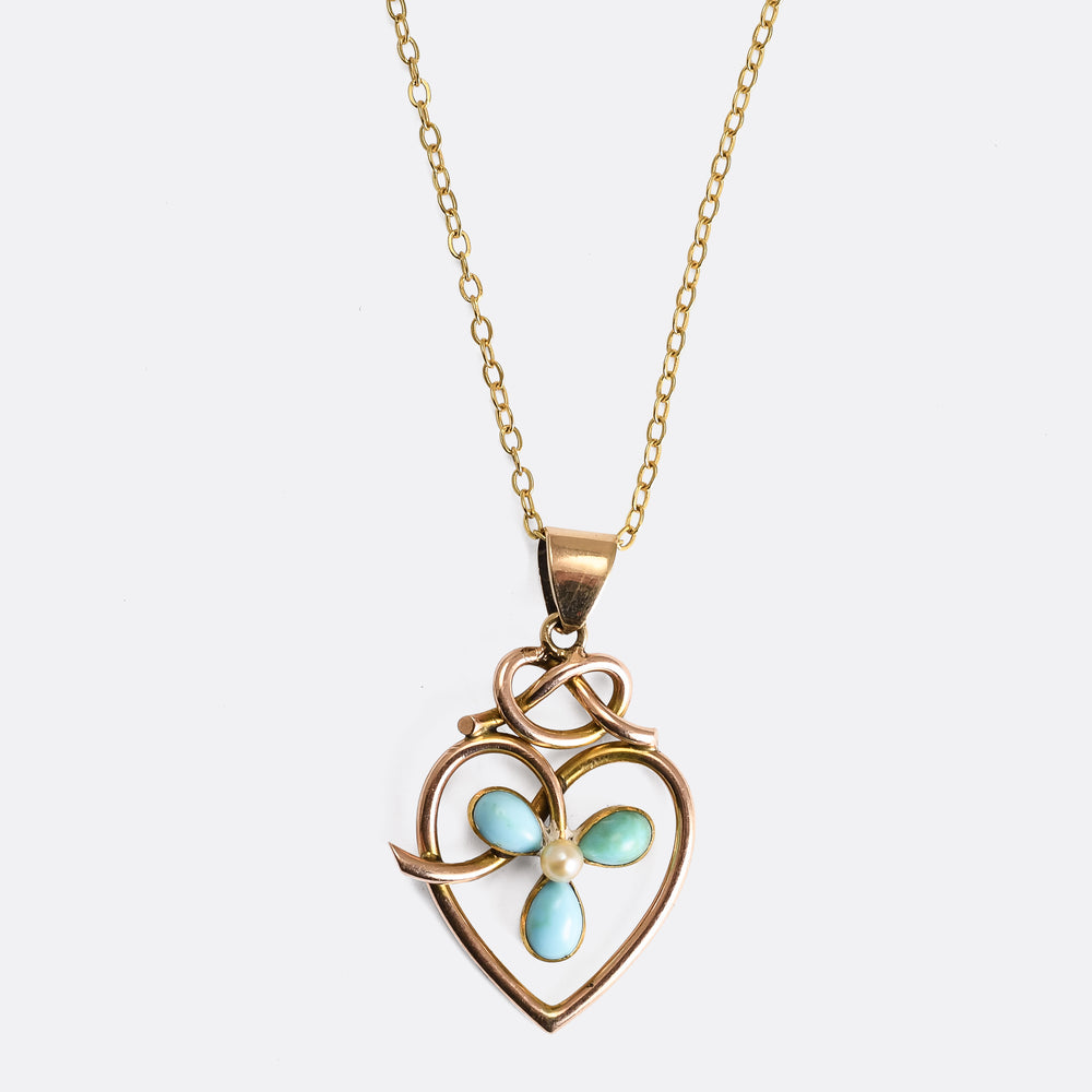 Art Nouveau Turquoise & Pearl Heart Pendant