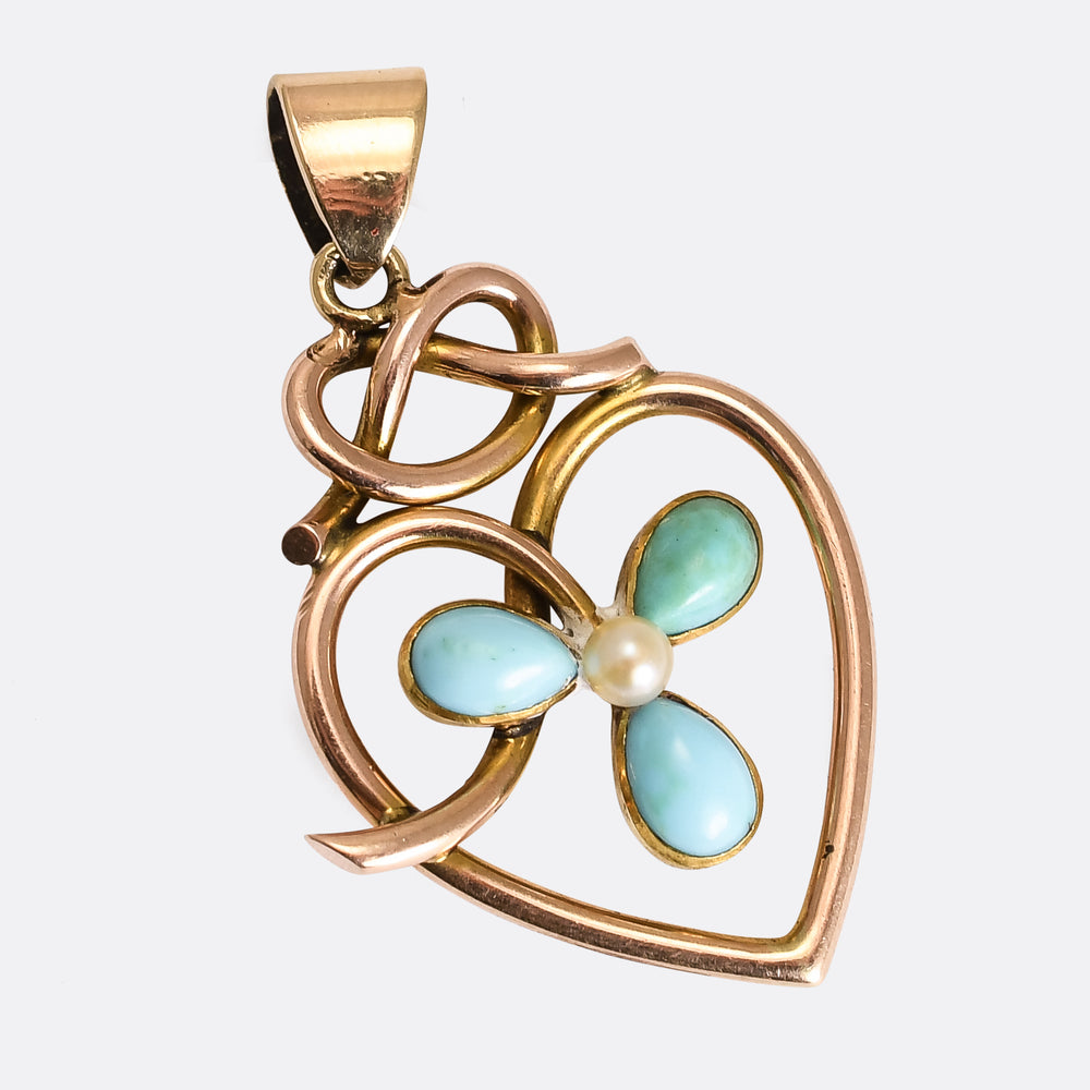 Art Nouveau Turquoise & Pearl Heart Pendant