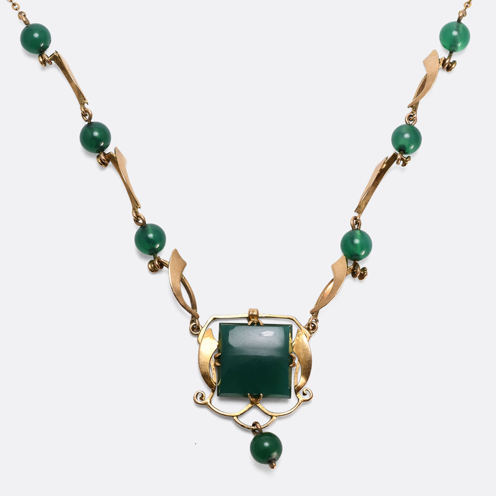 Arts & Crafts Chrysoprase & Gold Necklace