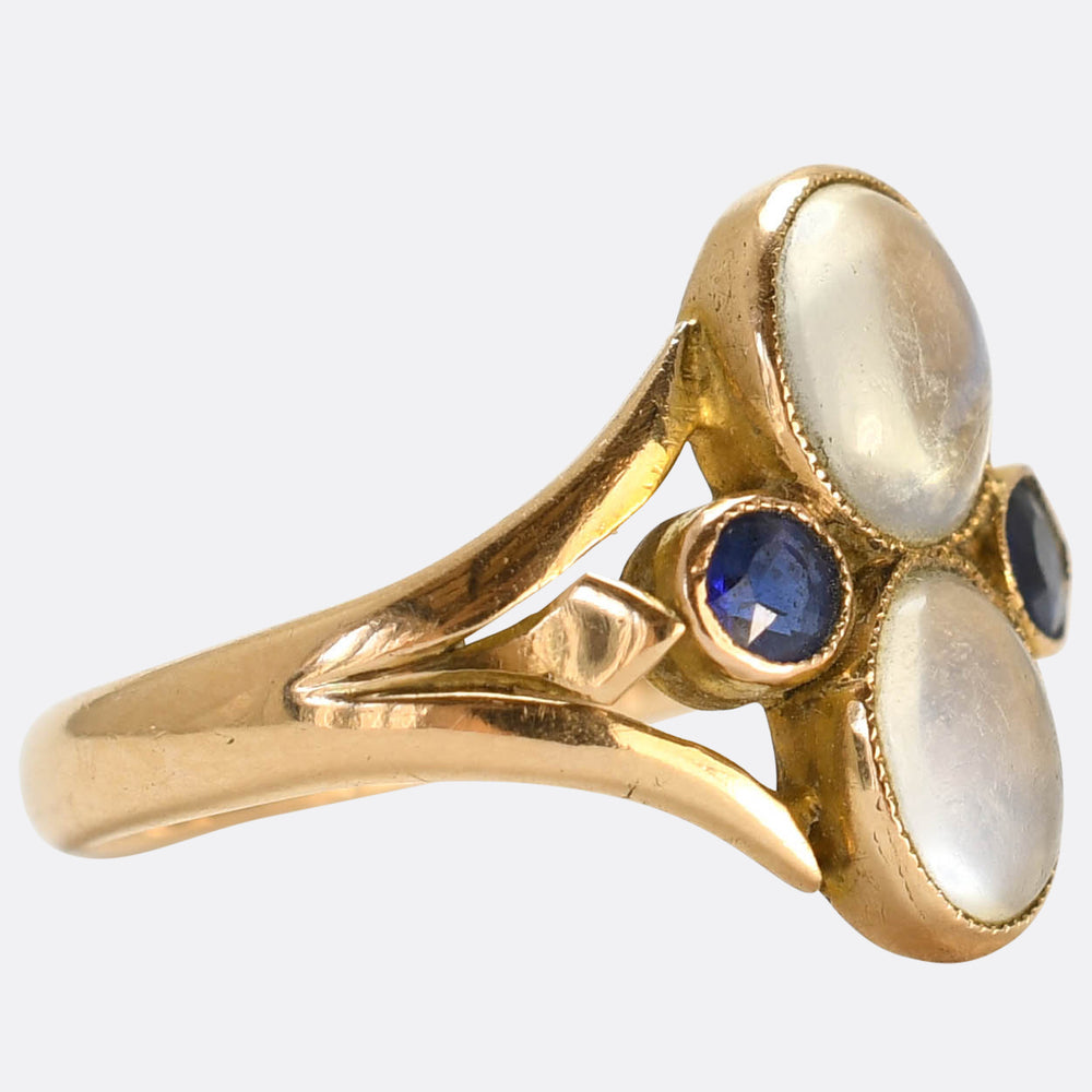 Arts & Crafts Moonstone & Sapphire Cluster Ring