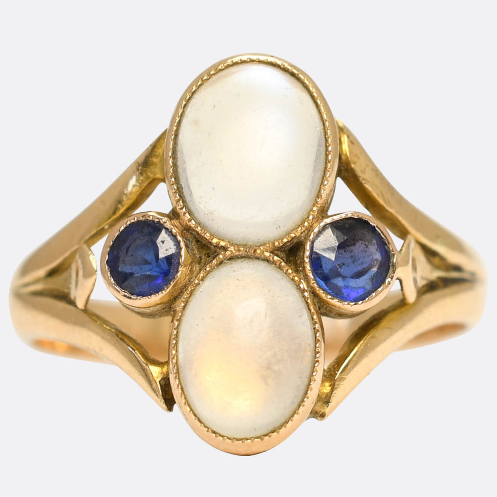Arts & Crafts Moonstone & Sapphire Cluster Ring