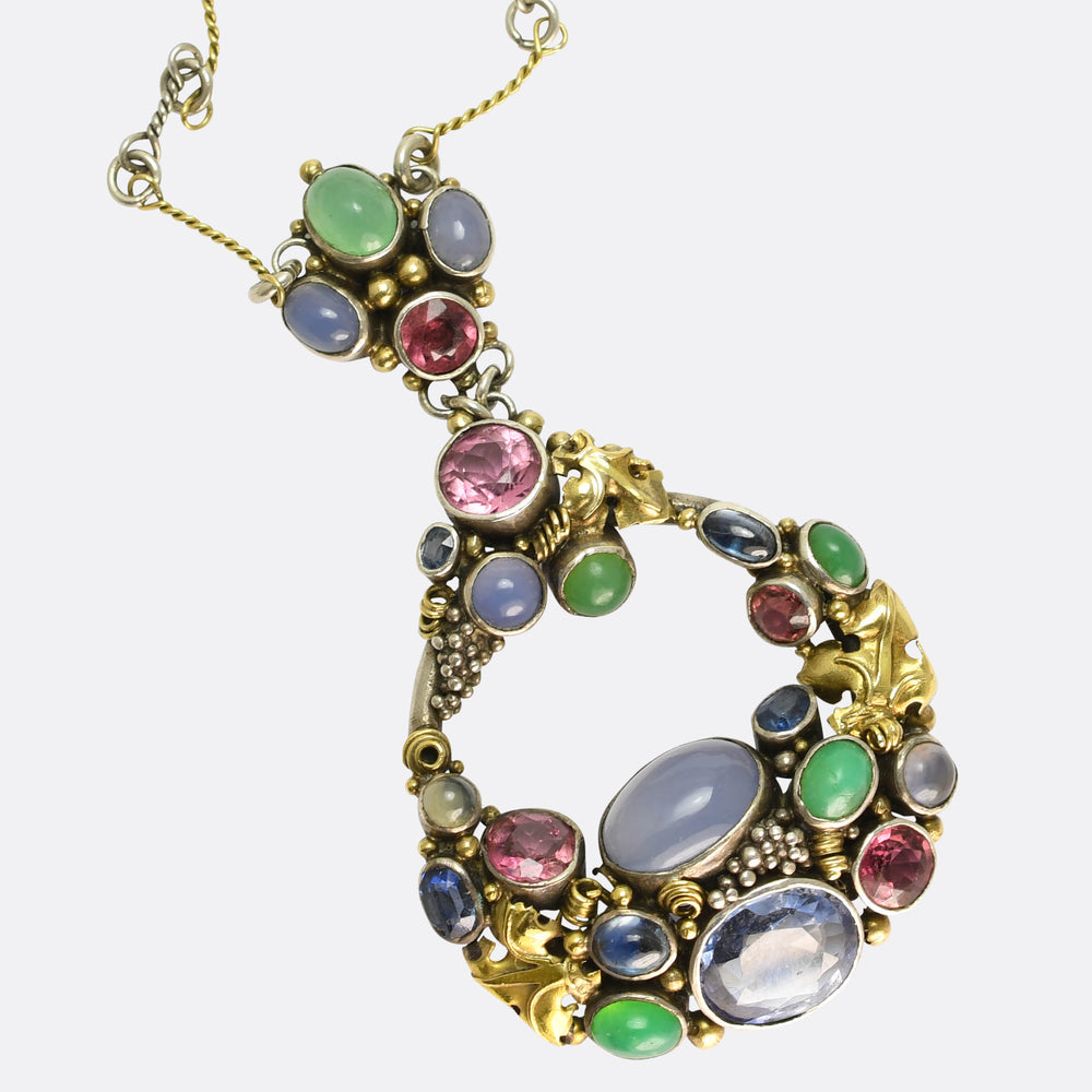 Arts & Crafts Multi-Gem Pendant & Chain Attributed to Dorrie Nossiter