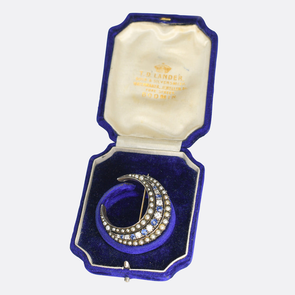 Boxed Victorian Sapphire, Diamond & Pearl Crescent Brooch