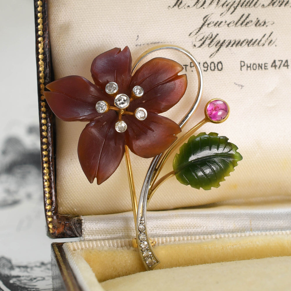 French Art Nouveau Carved Agate, Ruby & Diamond Flower Brooch