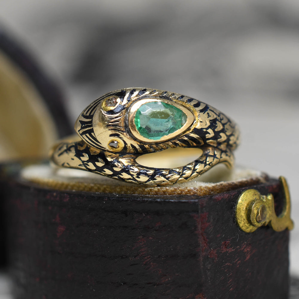 Victorian Emerald, Diamond & Enamel Snake Ring