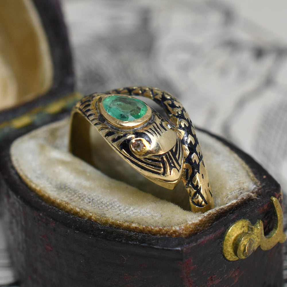 Victorian Emerald, Diamond & Enamel Snake Ring
