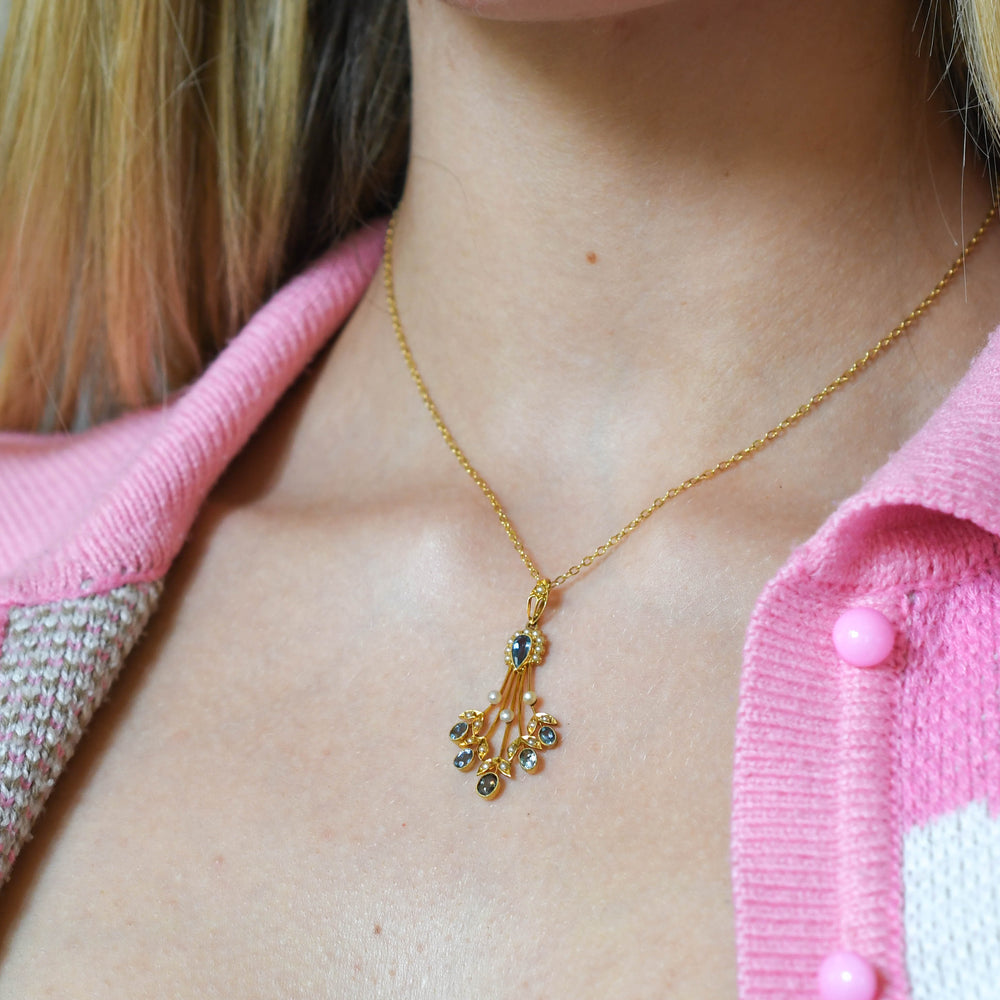 Art Nouveau Aquamarine & Pearl Spray Pendant