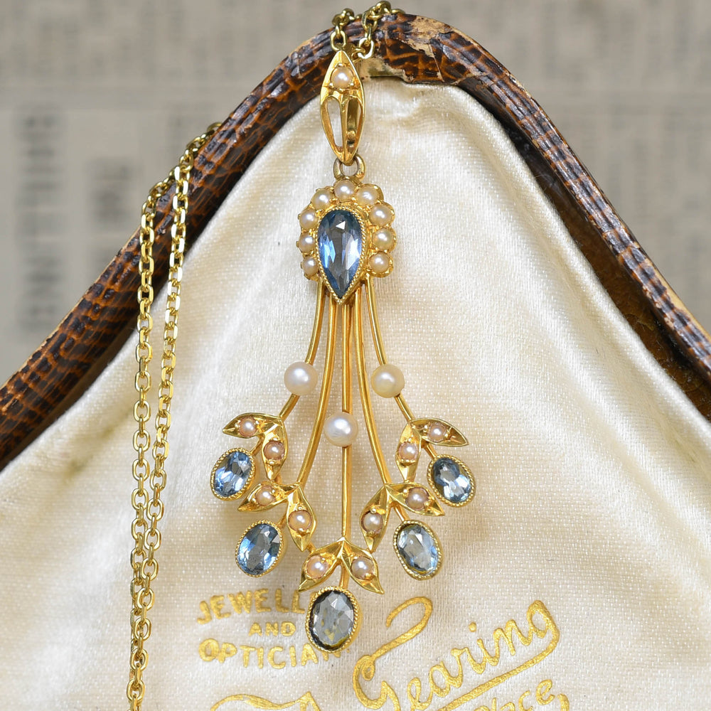 Art Nouveau Aquamarine & Pearl Spray Pendant
