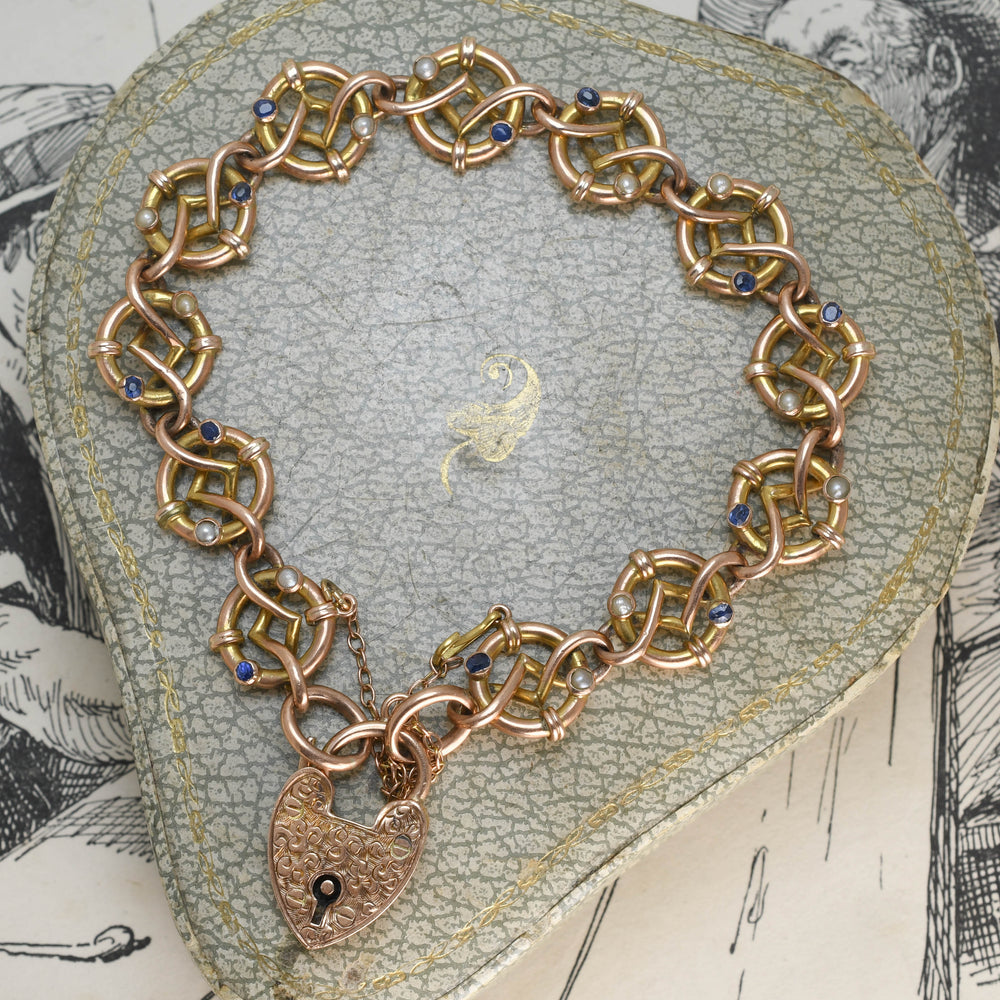 Edwardian Sapphire & Pearl Fancy-Link Heart Padlock Bracelet