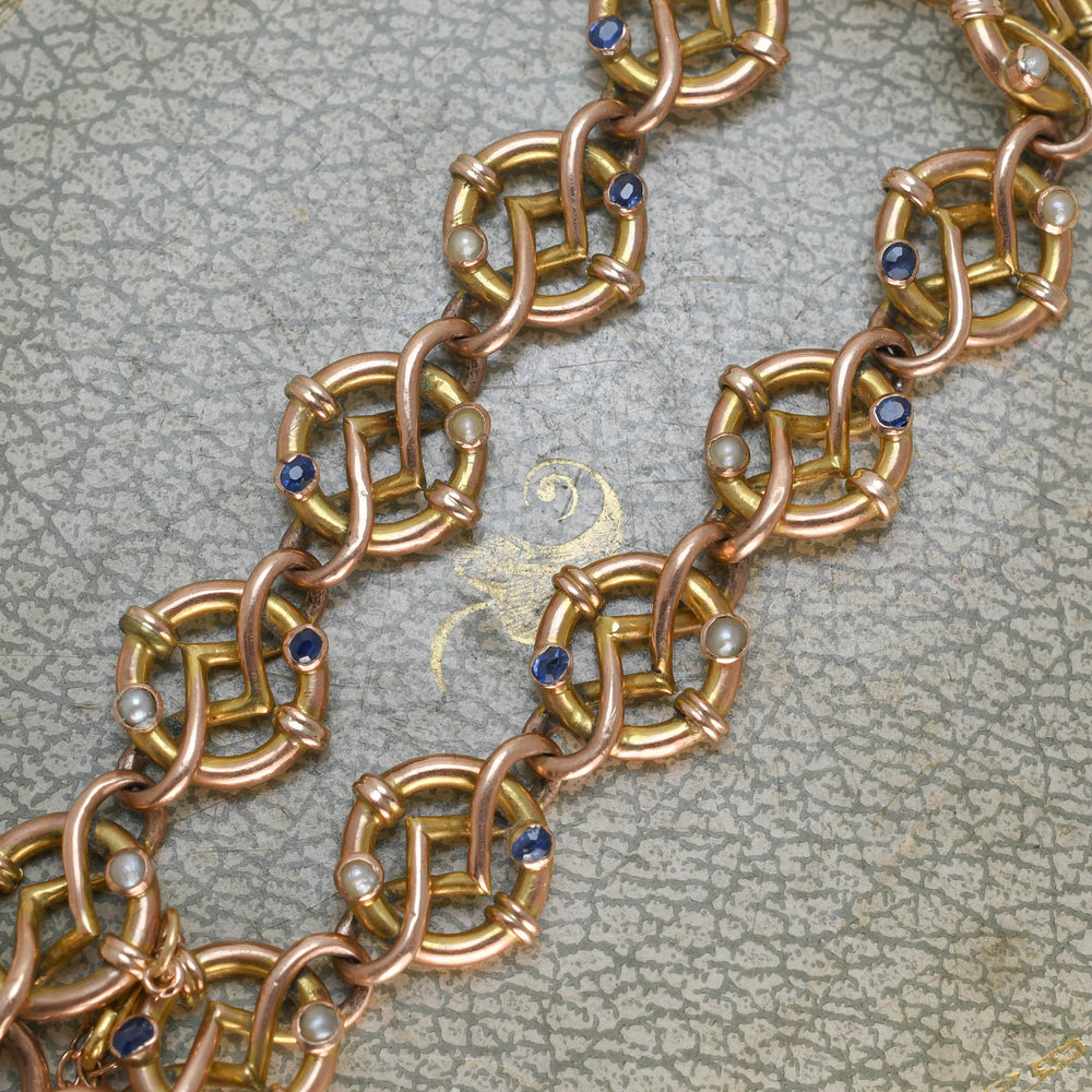 Edwardian Sapphire & Pearl Fancy-Link Heart Padlock Bracelet